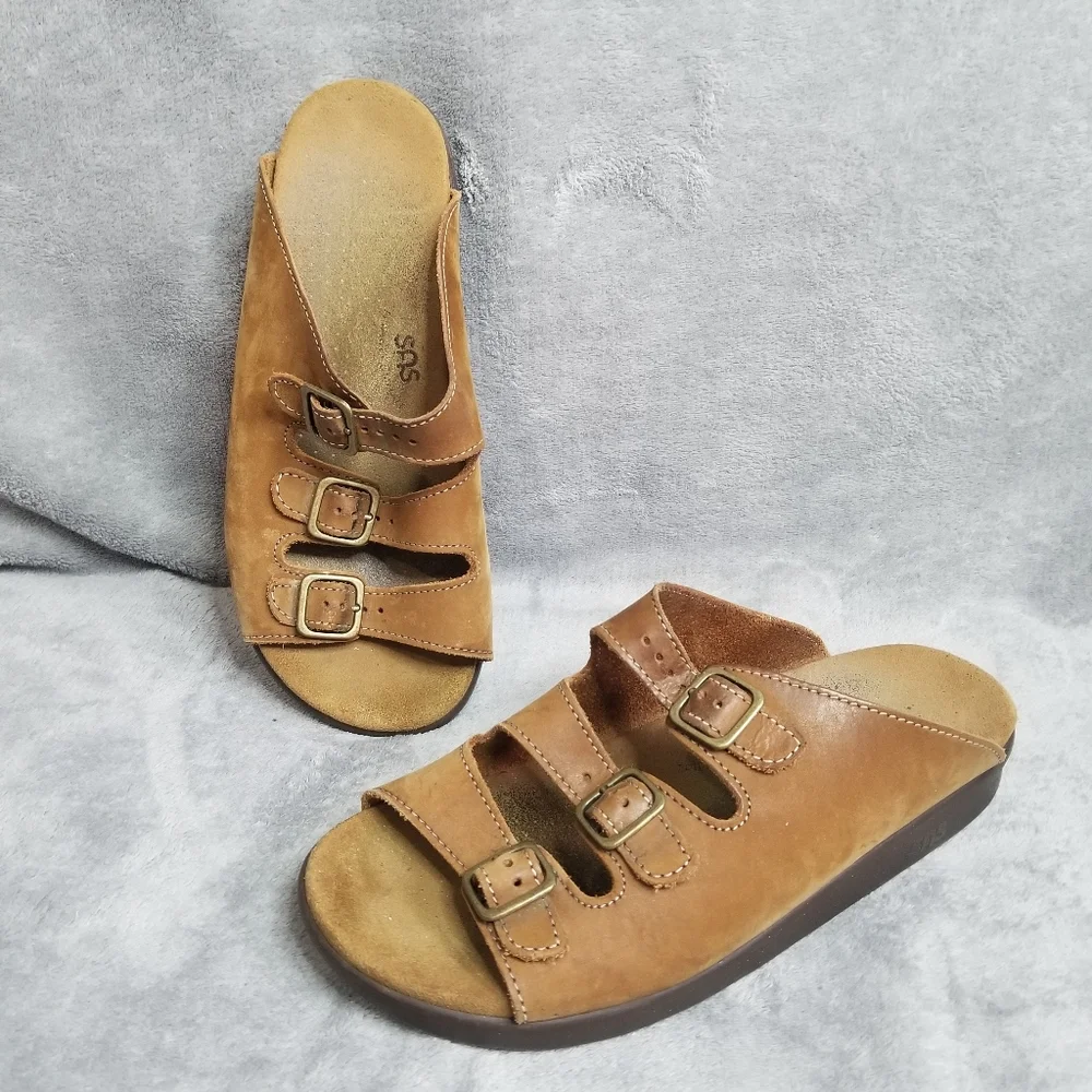 SAS Tripad Comfort WORN IN Brown Leather Womens 3 Buckle Sandals READ - Picture 1 of 12